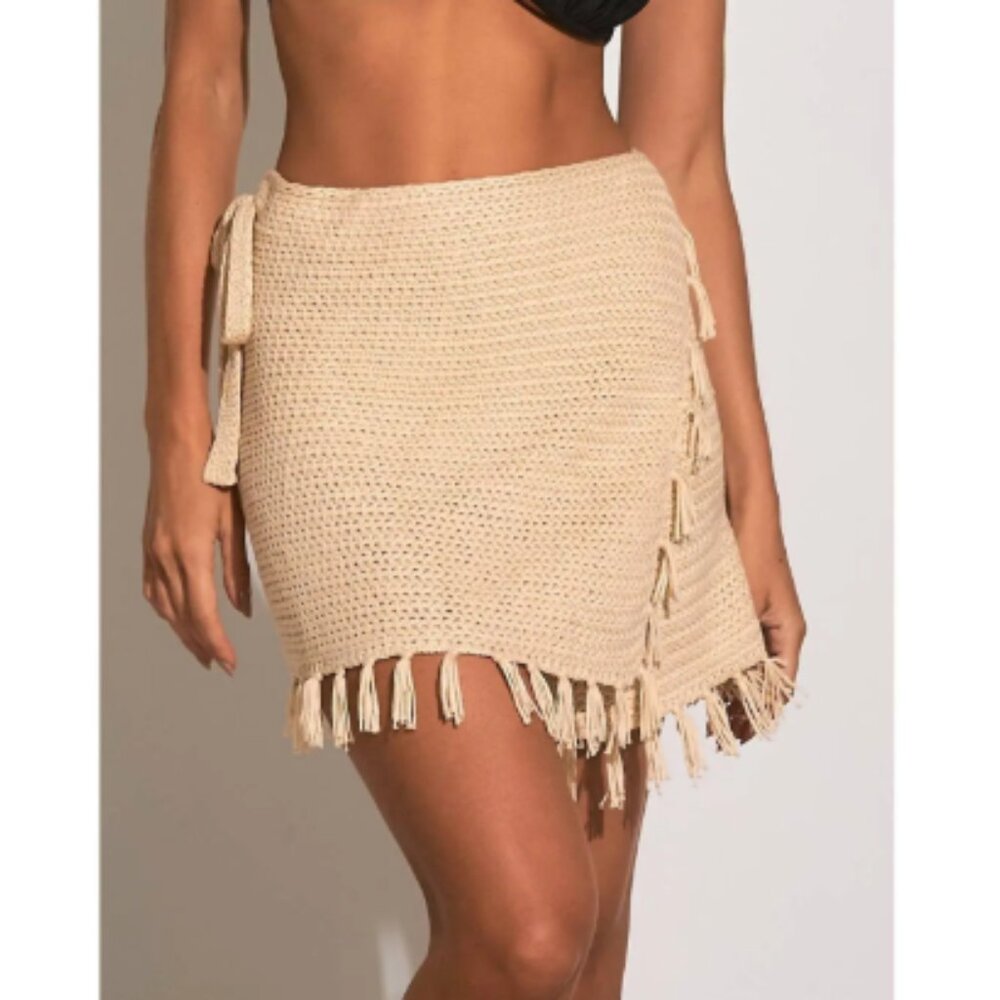 New Elan Cream Knit Wrap Mini Skirt with Fringe-Small